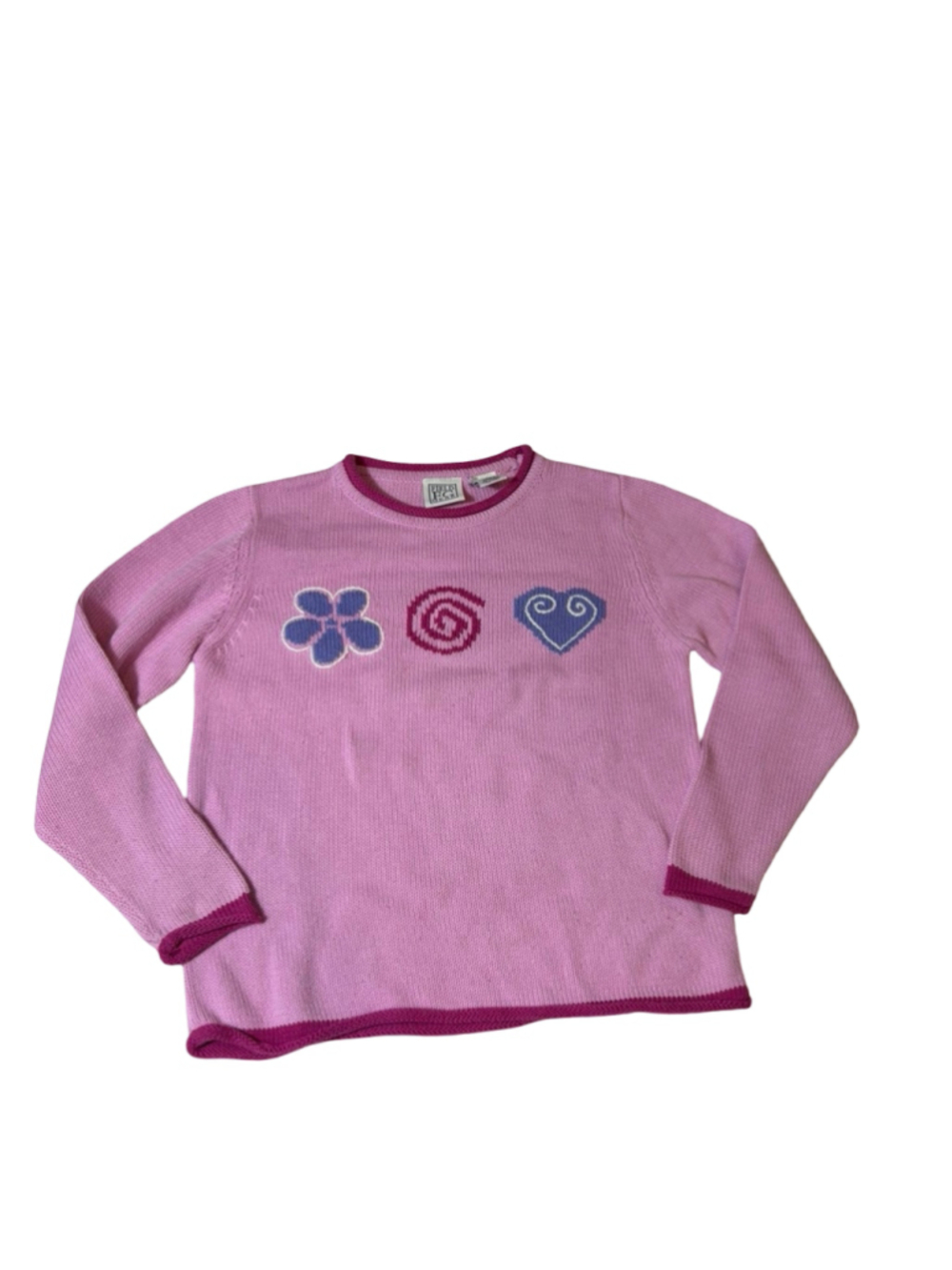 Vintage 90s Field Gear Girls 7/8 Pink Cotton Flower Heart Knit Sweater